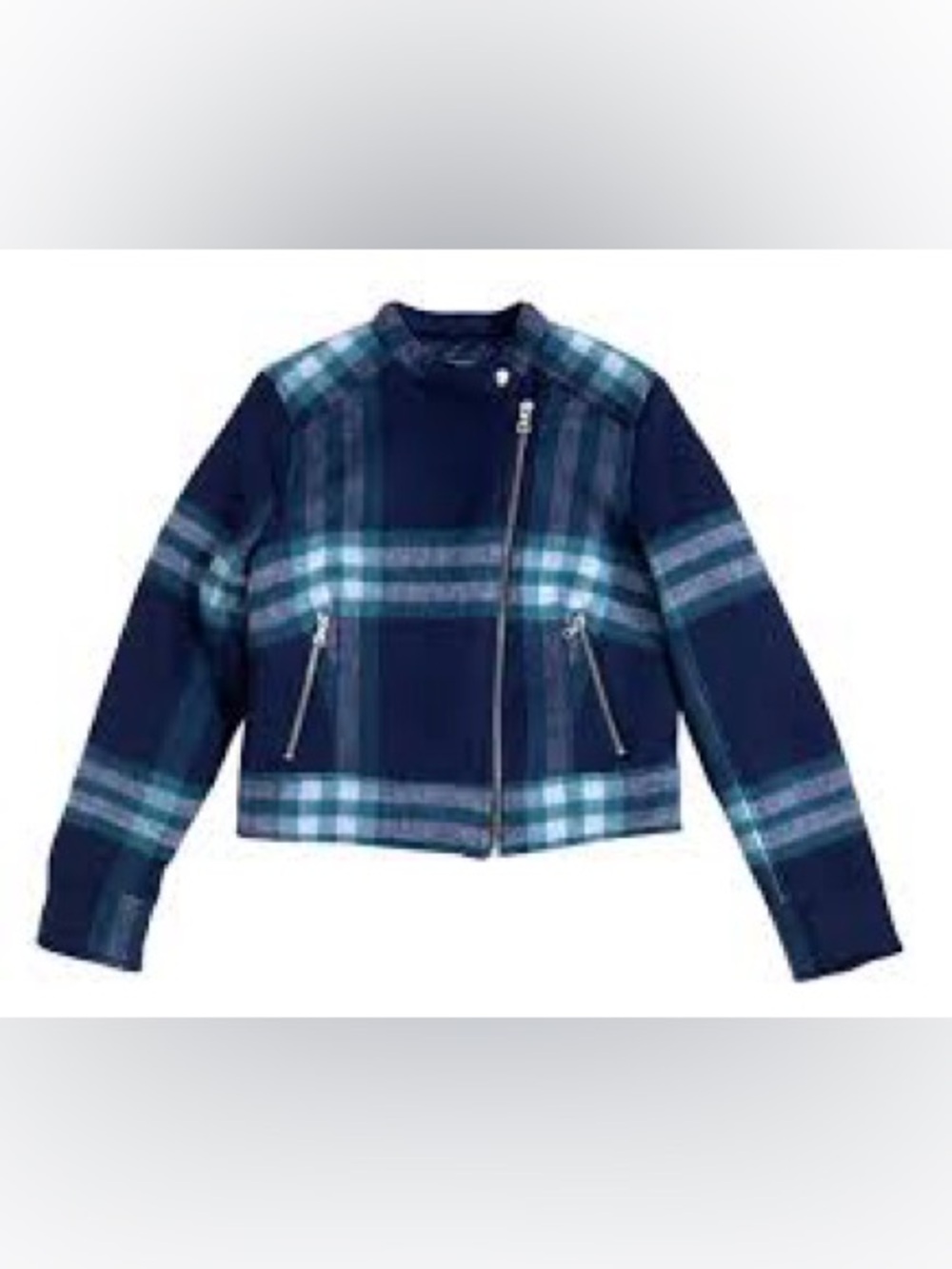 GAP Navy & Teal Plaid Moto Jacket Size Small